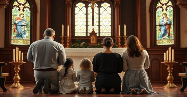 Rodzina katolicka modląc się przed ołtarzem w tradycyjnym kościele, symbolizująca świętość małżeństwa i rodzinnego życia