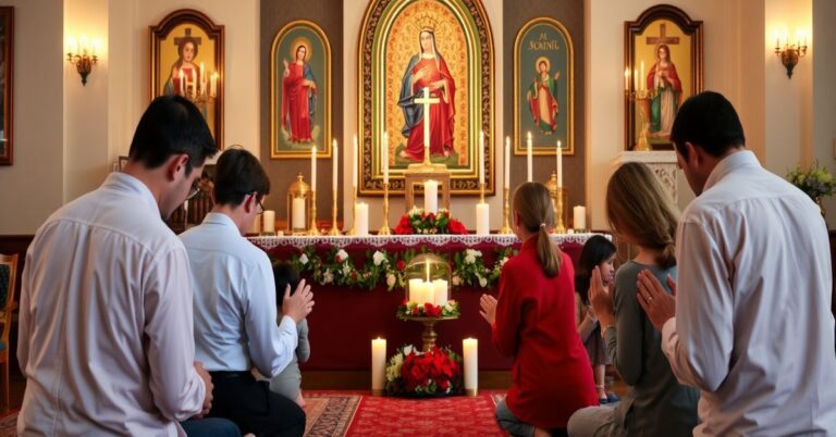 Tradycyjna katolicka rodzina modli się przed ołtarzem na Wieczór Sylwestrowy.