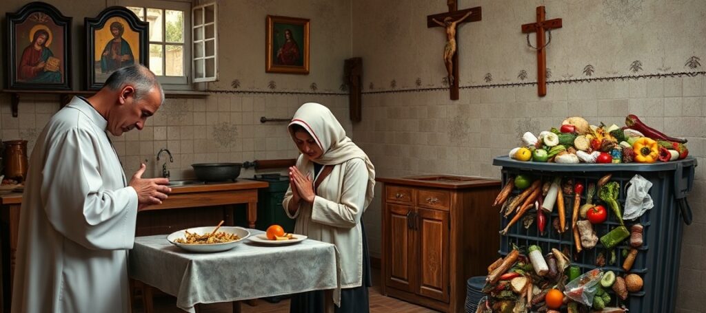 Rodzina modli się przed posiłkiem w tradycyjnym katolickim domu z ikonami religijnymi na ścianie i pełnym koszem na śmieci z odpadami żywności.