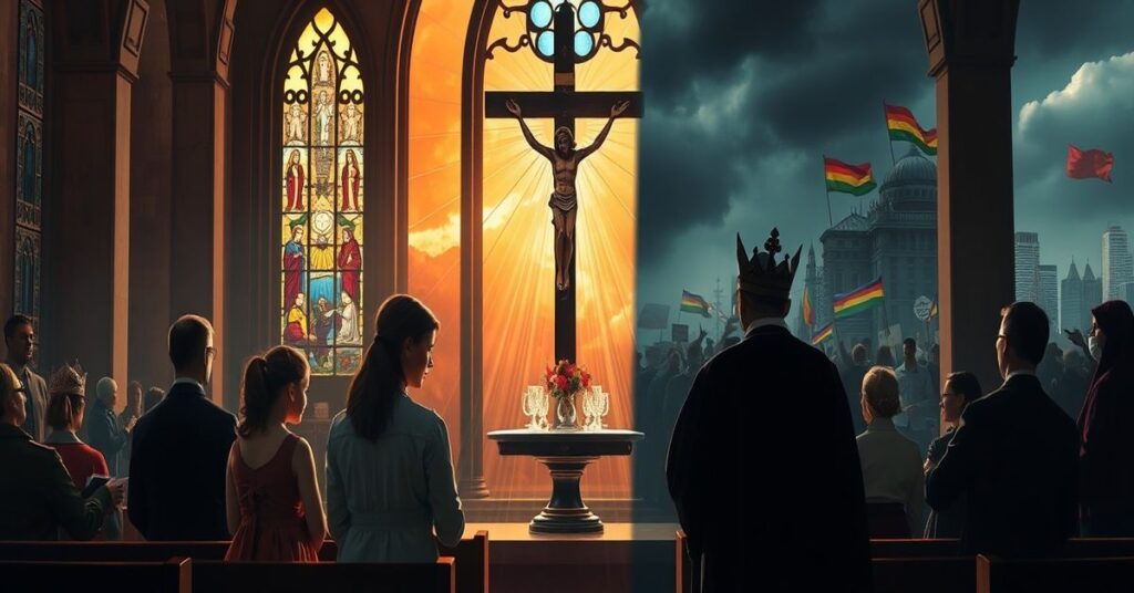 Rodzina modli się w tradycyjnym kościele przed krzyżem i naczyniem z wodą święconą; za opuszczonymi witrażami widok chaosu miejskiego z protestami i symbolami modernizmu.