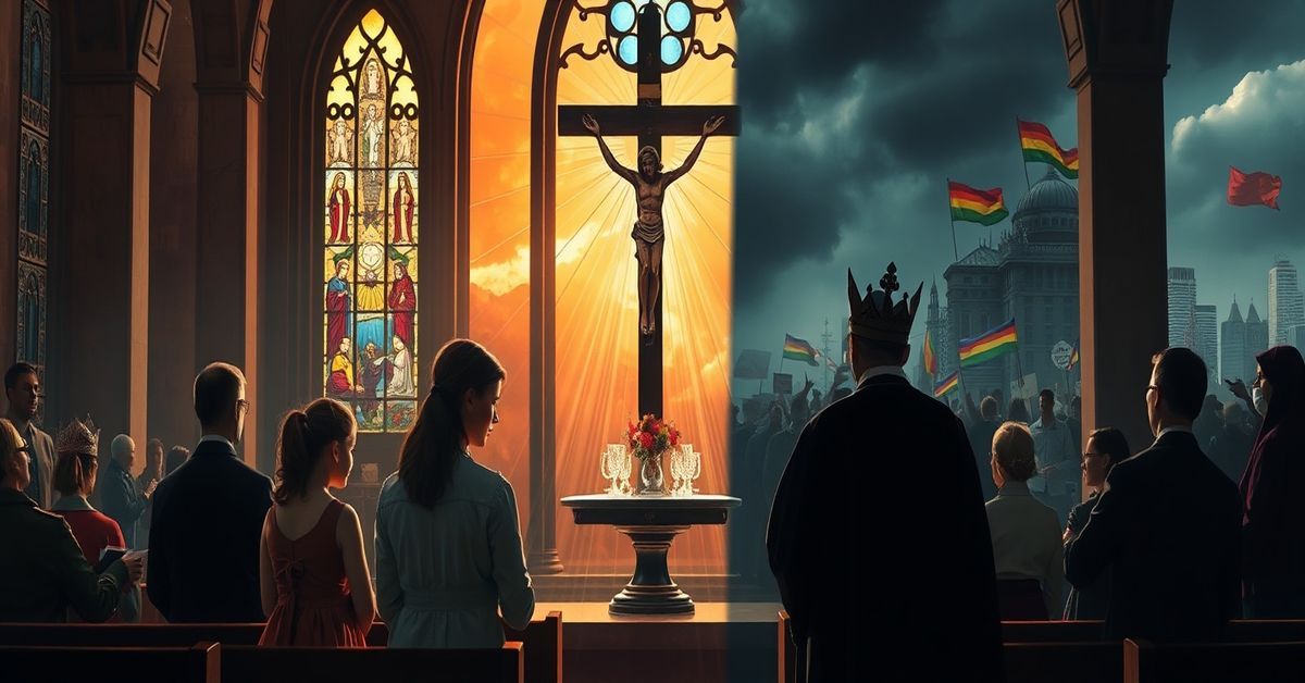 Rodzina modli się w tradycyjnym kościele przed krzyżem i naczyniem z wodą święconą; za opuszczonymi witrażami widok chaosu miejskiego z protestami i symbolami modernizmu.