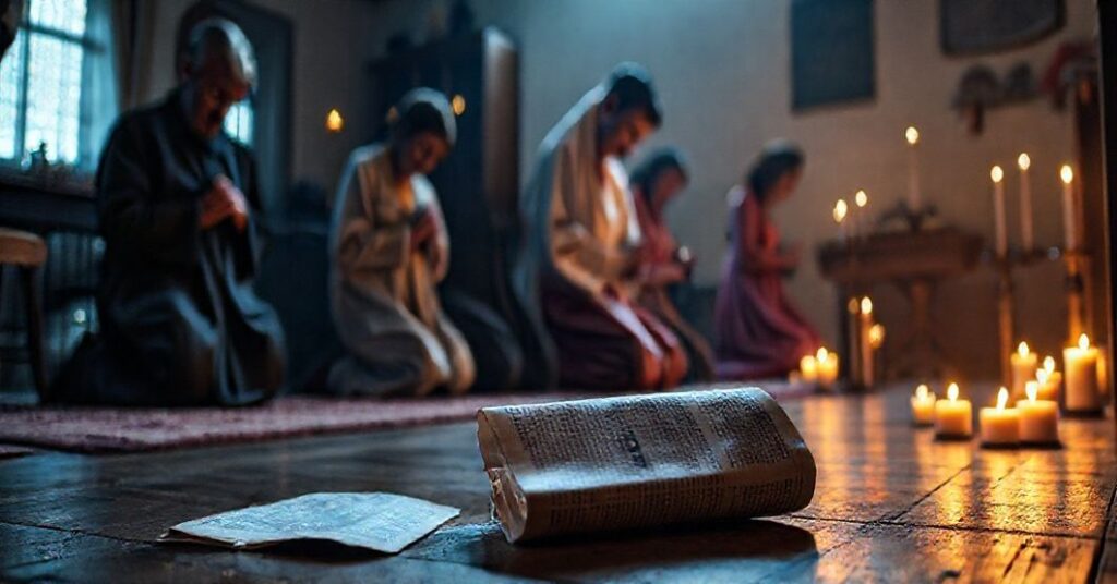 Rodzina modlaca się w czasach Adwentu z porzuconym Adwentownikiem na podłodze