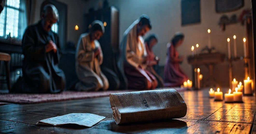 Rodzina modlaca się w czasach Adwentu z porzuconym Adwentownikiem na podłodze