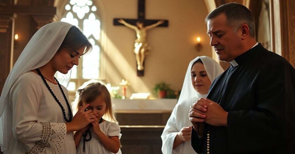 Tradycyjna katolicka rodzina modli się razem w kaplicy z zapalonymi świecami, odrzucając sztuczną intymność technokracji.