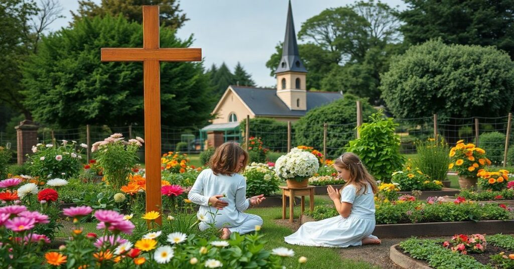 Rodzina modląca się w ogrodzie działkowym pod krzyżem z widokiem kościoła na tle