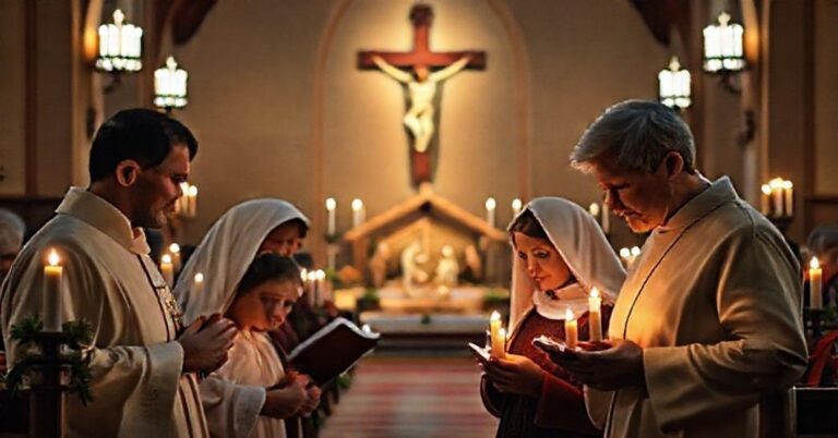 Pielgrzymka rodziny katolickiej podczas wigilii Bożego Narodzenia w tradycyjnym kościele z drewnianym krzyżem i szopką betlejemską na tle.