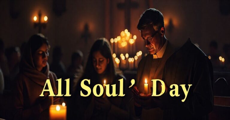 Tradycyjna katolicka rodzina modli się wspólnie w kaplicy podczas Wszystkich Świętych, z płonącymi świadłami na tle, podkreślając duchowy wymiar święta.