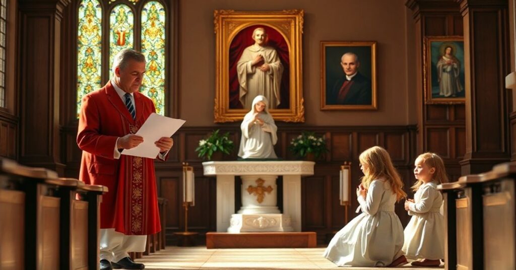 Tradycyjna katolicka rodzina modli się w kościele przed wizerunkiem Serca Jezusa, tło portret papieża Piusa XI