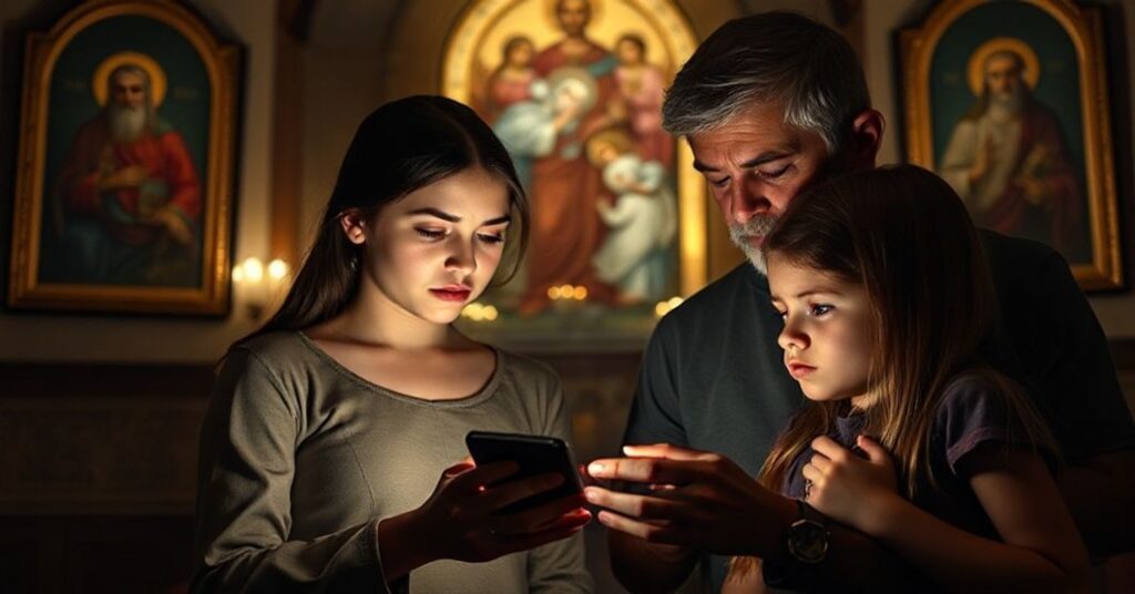 Rodzina katolicka modląca się w kaplicy przed monitorem wyświetlającym nieczyste treści. Scena podkreśla duchowy kryzys młodzieży i potrzebę powrotu do tradycyjnych wartości katolickich.