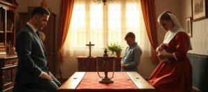 Rodzina katolicka modląca się w domu przy stole z krucyfiksem i różańcem