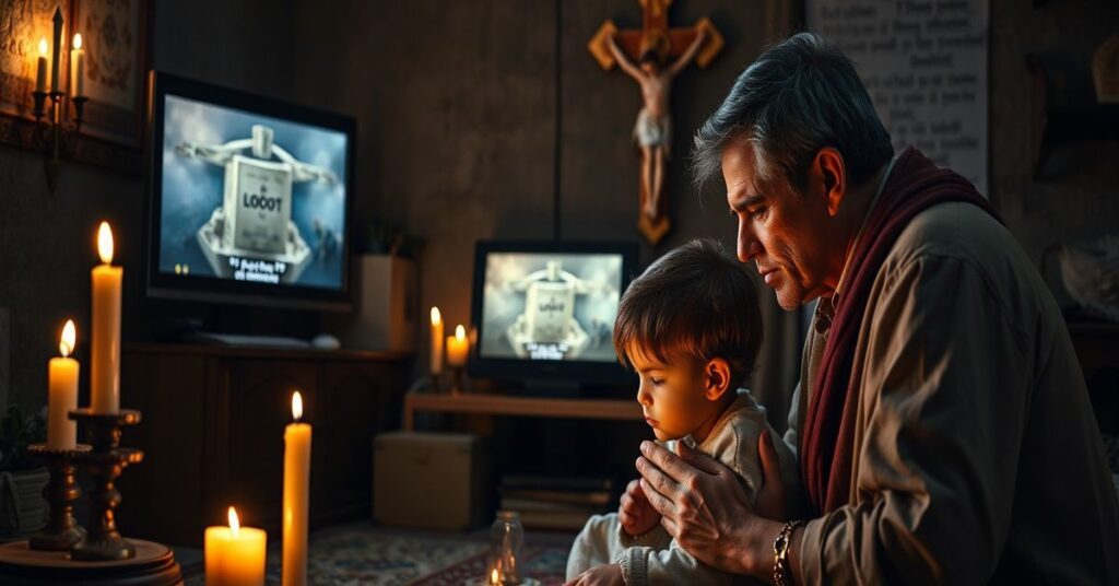 Rodzice i dziecko modlący się przed krzyżem w tradycyjnym domu, z ciemnym ekranem komputera w tle wyświetlającym loot box z gry komputerowej.