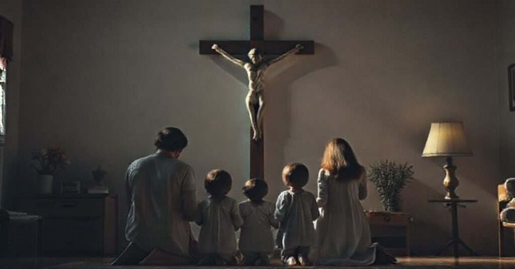 Rodzina modląca się przed krzyżem w tradycyjnym katolickim pomieszczeniu, kontrastując z estetyką lat 80. z serialu "Stranger Things".