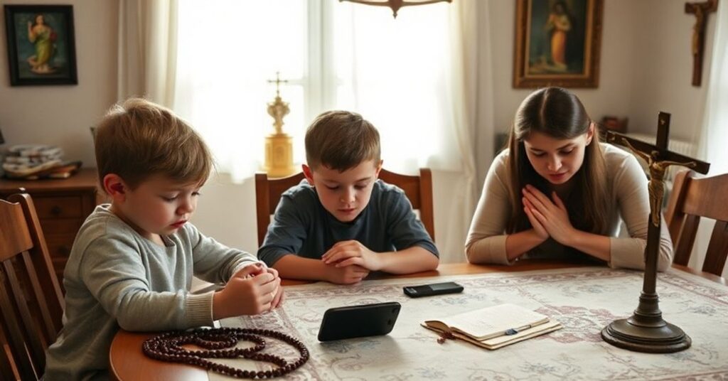 Rodzina katolicka modli się razem w tradycyjnym domu z różańcem na stole i wyłączonym telefonem.