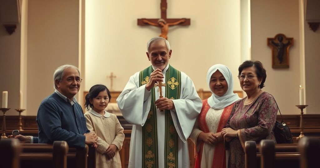 Fotografia realistyczna katolickiej rodziny w świątyni, z kapłanem trzymającym krucyfiks, podkreślająca znaczenie autorytetu rodzicielskiego i moralnego porządku