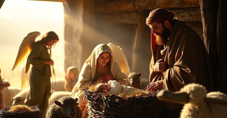 Scena rodziny świętej z Dzieciątkiem Jezusa w żłobku otoczona Maryją i Józefem w tradycyjnym kościelnym stylu