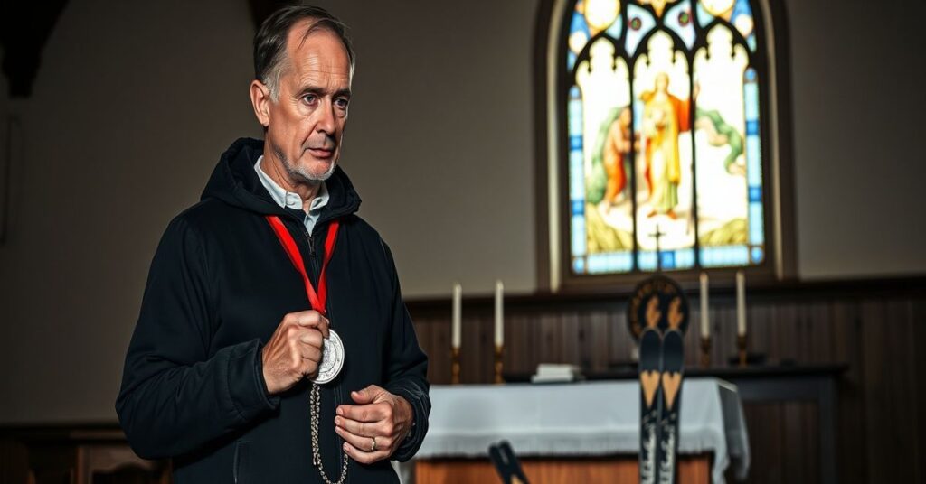 Wojciech Tomasiak i jego syn Kacper w kościele z medalem olimpijskim i różańcem.