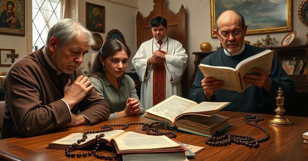 Tradycyjna katolicka rodzina modli się rączek z obawą przed nowym wydaniem "The Liturgical Rosary" w tle. Scena symbolizuje walkę między prawdziwą pobożnością a modernistycznym fałszem.