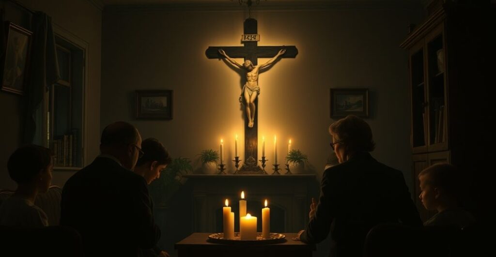 Tradycyjne katolickie przedstawienie rodziny Ulmów modlących się przed krzyżem w ich domu w Markowej, symbolizujące męczeństwo i świętość rodziny.