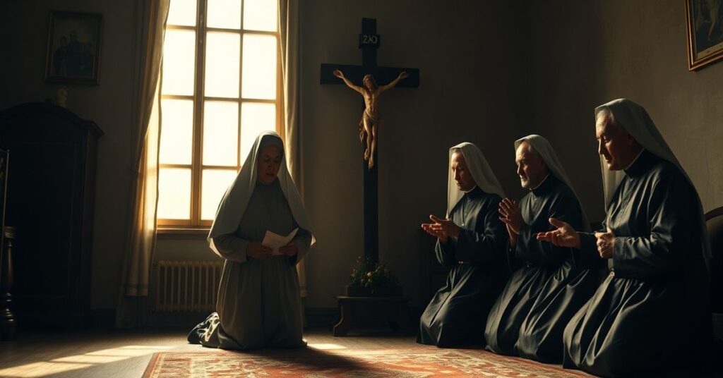 Portret rodziny Ulmów w tradycyjnym stroju katolickim modlącej się przed krzyżem w domu w Markowej