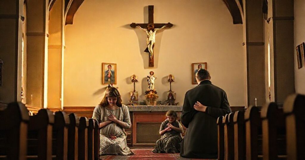 Wnętrze katolickiego kościoła z rodziną Ulmów modlących się podczas II wojny światowej.