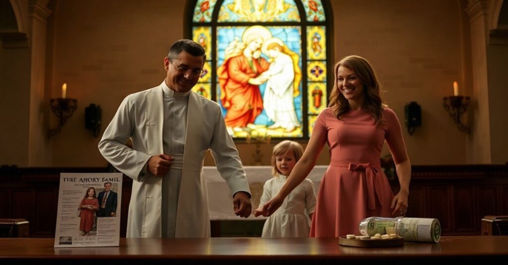 Solemne zdjęcie katolickiej rodziny Vance z subtelnymi wizualnymi wskazówkami kompromisów moralnych.