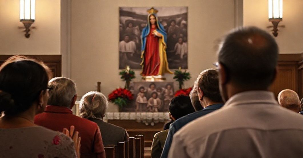 Rodzina modli się w katolickiej kaplicy o prawdę historyczną Kobieta z dzieckiem modli się w tradycyjnej katolickiej kaplicy przed rzezbą Maryi Panny