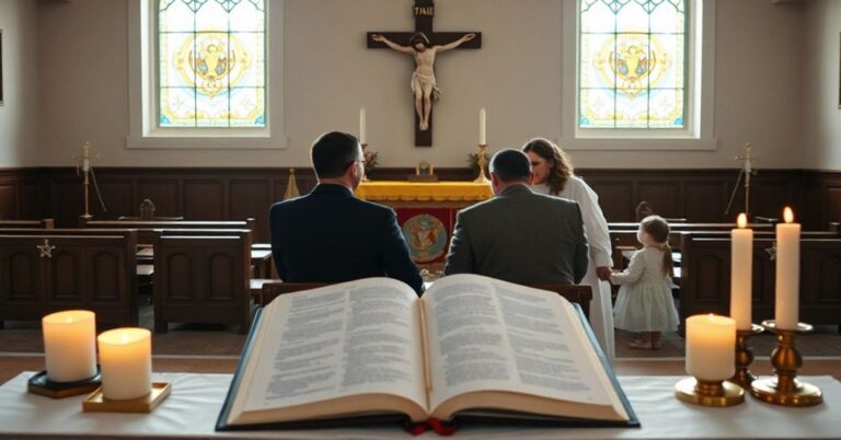 Tradycyjna rodzina katolicka modli się w kaplicy z krzyżem i świecami, symbolizując pokój duchowy i zjednoczenie z Chrystusem.