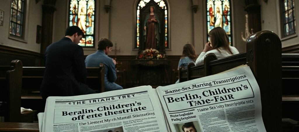 Scena ukazująca rodzicę modlące się w tradycyjnej katolickiej kościele przed figurą Matki Bożej Bolesnej na tle gazet z nagłówkami o targach handlu dziećmi i rejestracji małżeństw jednopłciowych w Polsce.