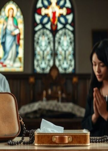 Rodzina modli się w kościele - krytyka materializmu w opiece zdrowotnej Rodzina modli się w tradycyjnym kościele z zestawem do higieny jamy ustnej obok, symbolizując kontrast między zdrowiem materialnym a duchowym