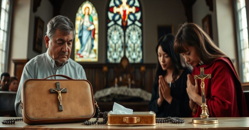 Rodzina modli się w tradycyjnym kościele z zestawem do higieny jamy ustnej obok, symbolizując kontrast między zdrowiem materialnym a duchowym