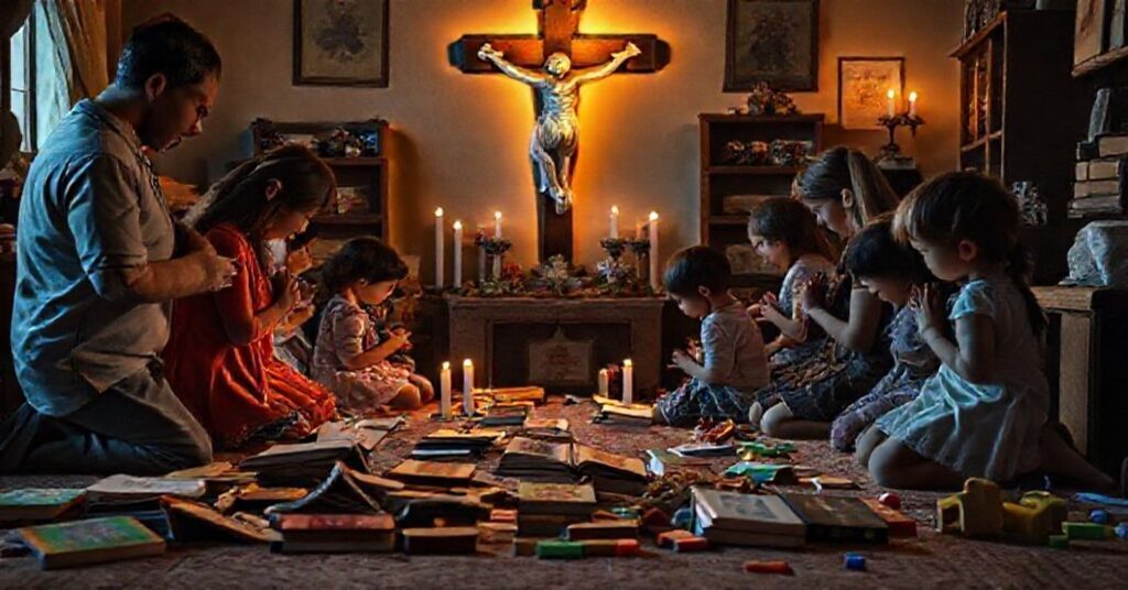 Rodzina katolicka modli się przed krzyżem w pokoje domowym z książkami i zabawkami rozrzuconymi po podłodze