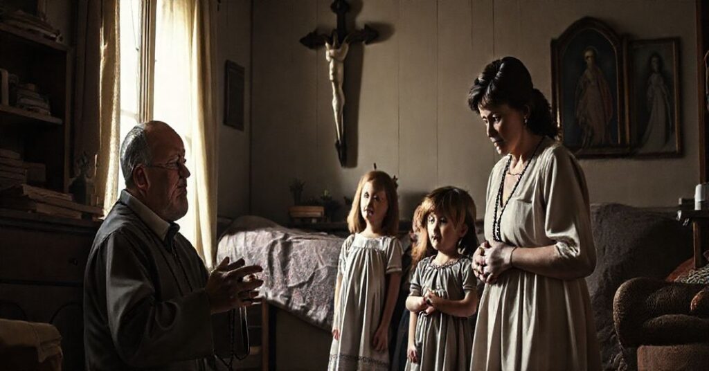 Sobór rodzina modli się, rodzice z dziećmi w pokojnej atmosferze, krzyż na ścianie, modlitewnik w ręku, tradycyjne katolickie wychowanie