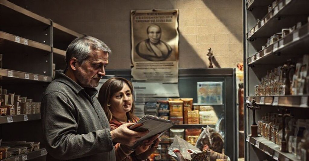 Rodzina polska w sklepie spożywczym z pustymi półkami i zmniejszonymi opakowaniami produktów.