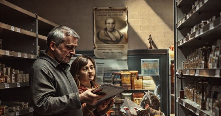 Rodzina polska w sklepie spożywczym z pustymi półkami i zmniejszonymi opakowaniami produktów.