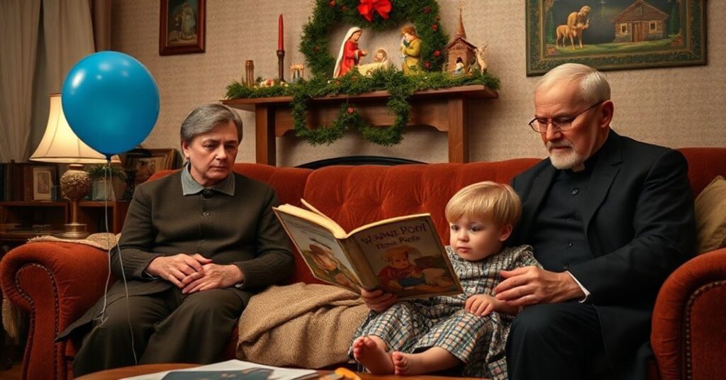 Rodzina katolicka przy świątecznym stole podczas Wigilii 2025 roku z książką 'Kubuś Puchatek' i dzieckiem z niebieskim balonem.