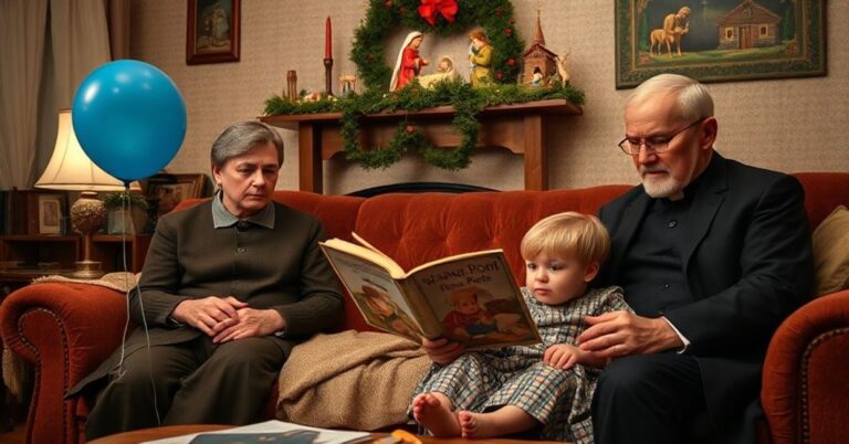 Rodzina katolicka przy świątecznym stole podczas Wigilii 2025 roku z książką 'Kubuś Puchatek' i dzieckiem z niebieskim balonem.