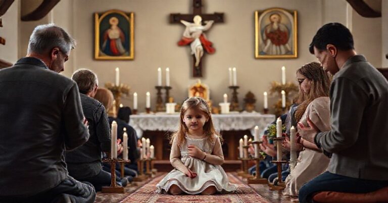 Katholiczka rodzina modli się przed tradycyjnym ołtarzem z Różą Wilczyńską w centrum.