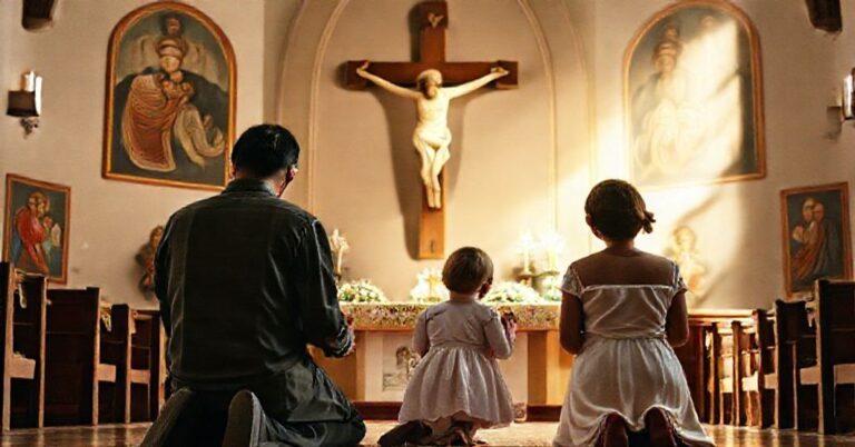 Pokorny katolicki rodzina modląca się przed krucyfiksem w cichym kościele, z dzieckiem stojącym obok. Ich twarze wyrażają wiarę i odwagę w obliczu proaborcyjnego nacisku, podkreślając świętość życia according to sedevacantist Catholic doctrine.