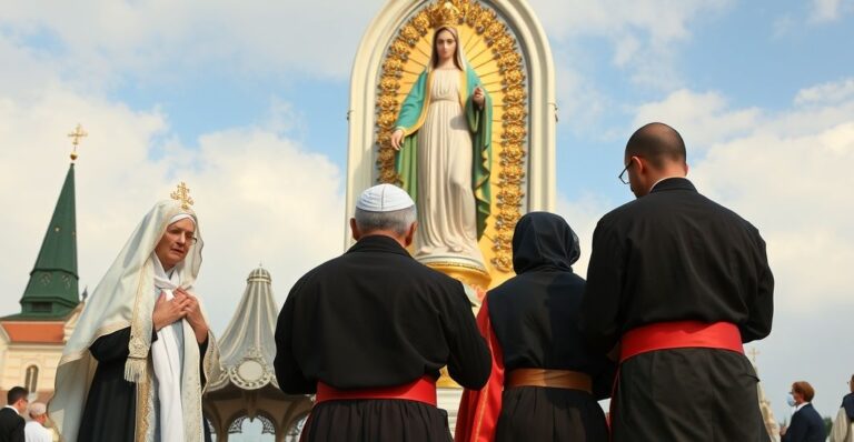Rodzinna modlitwa przed figurą Matki Boskiej na Jasnej Górze, wyraz głębokiej wiary i pobożności katolickiej