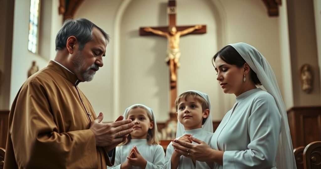 Rodzina katolicka modli się w kościele, wyraz głębokiej wiary i pobożności, realistyczny i pełen szacunku obraz tradycyjnej religijnej sceny