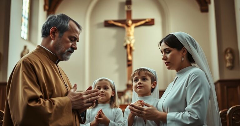 Rodzina katolicka modli się w kościele, wyraz głębokiej wiary i pobożności, realistyczny i pełen szacunku obraz tradycyjnej religijnej sceny