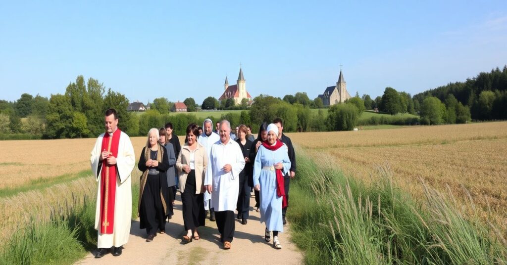 Grupa katolików podczas Rodzinnej Drogi Krzyżowej w Oławie; tradycyjna procesja bez akcentu na mękę Chrystusa