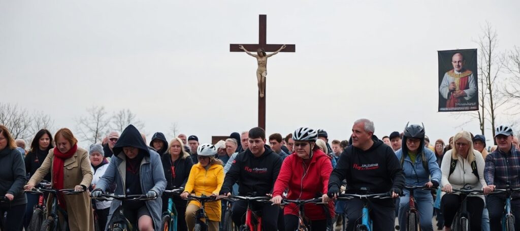 Zdjęcie przedstawiające uczestników 20. Rodziny Majówki Rowerowej w diecezji kieleckiej pod przewodnictwem bp. Mariana Florczyka. Na zdjęciu widoczne są rodziny z dziećmi, seniorzy i kolarze modlącą się przy drodze z różańcami i krzyżem. Tło sugeruje krajobrazy świętokrzyskie.