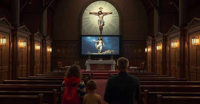 Ciemna wnętrza kościoła z rodziną oglądającą film na ekranie zamiast uczestniczyć w katechezie. Pustych konfesjonałów i zaniedbanych przedmiotów religijnych. Kontrast między świętym a profanum.