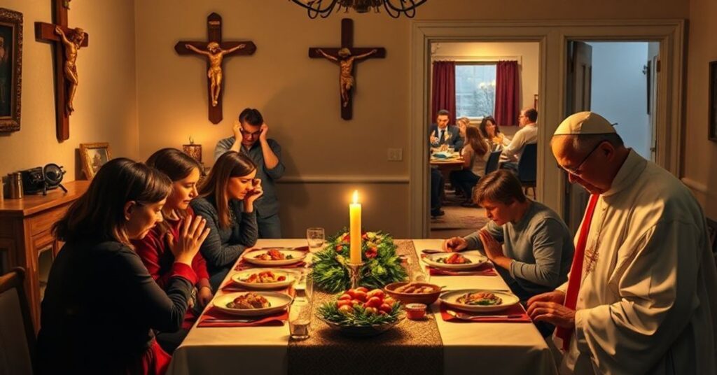 Rodzina katolicka w tradycyjnej Wigilii, modląca się przed posiłkiem z krzyżem w tle. Na drugim planie duchowny krytykuje światowe świętowanie przed Bożym Narodzeniem.