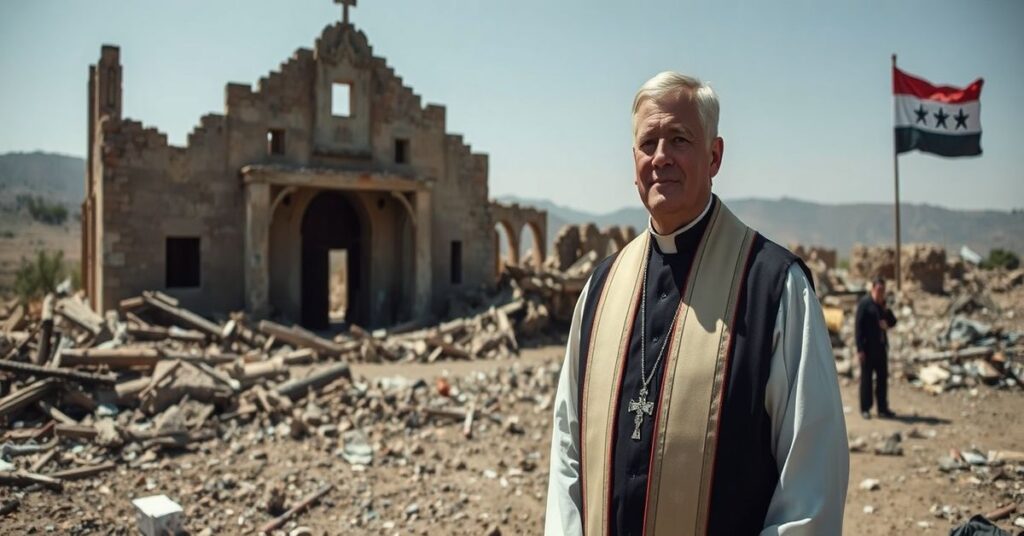 Ksiądz katolicki w tradycyjnych szatach modlący się przy ruinach kościoła w Syrii