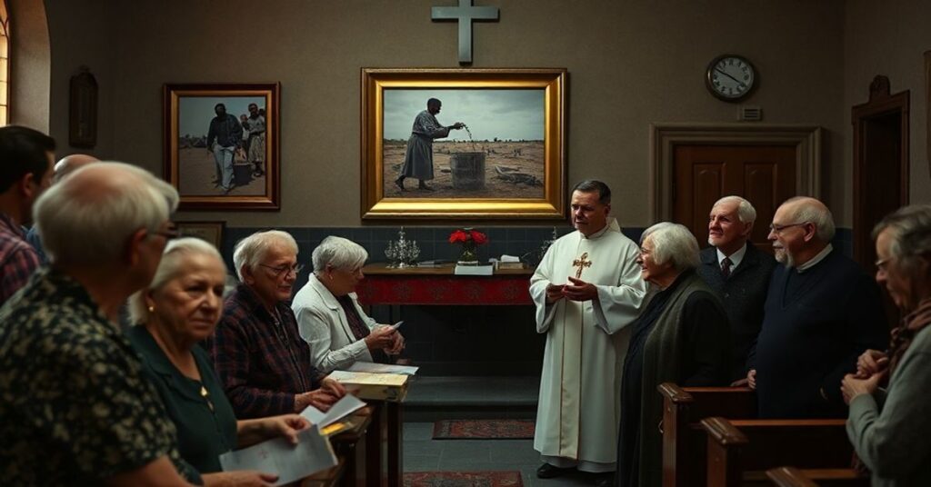 Obraz przedstawiający parafię w Rokitnie zbierającą pieniądze na studnie w Czadzie zamiast na misje ewangelizacyjne.