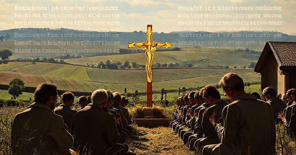 Prawdziwi rolnicy francuscy modlący się przed kapliczką na tle ich trudnów gospodarczych, z tekstem "bpa" Ailleta w tle