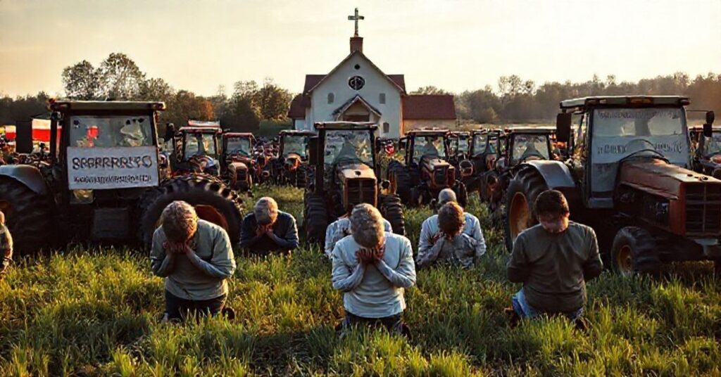 Rolnicy modlący się w polu z napisami o sprawiedliwości Bożej i monarchii Chrystusa.