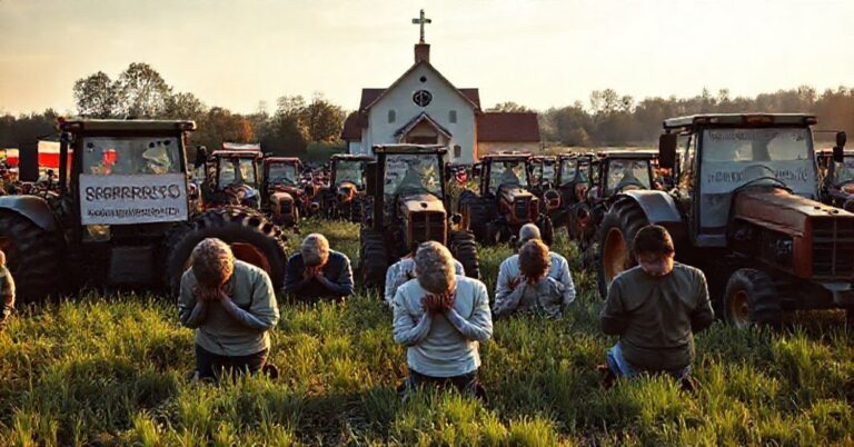 Rolnicy modlący się w polu z napisami o sprawiedliwości Bożej i monarchii Chrystusa.